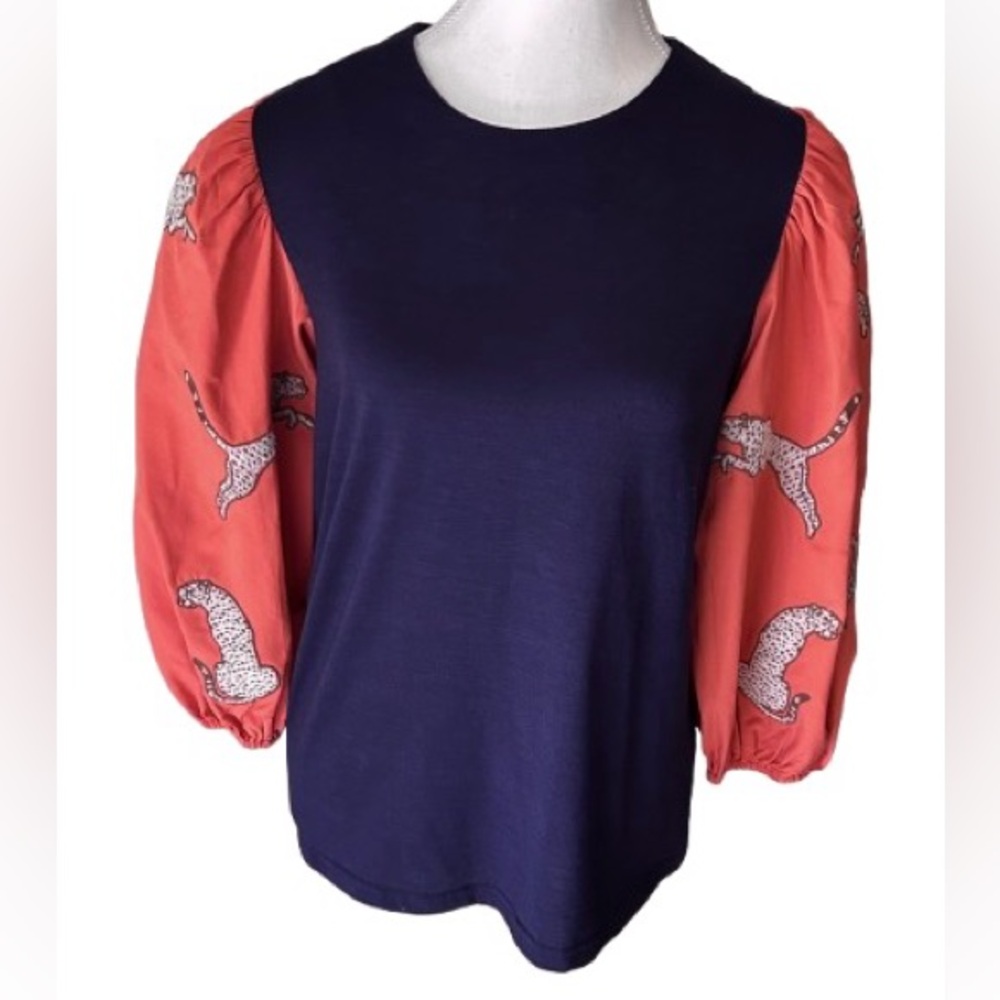THML Embroidered Top Orange Animal Cat Chetah Leopard Puffy Shirt Designer Blue